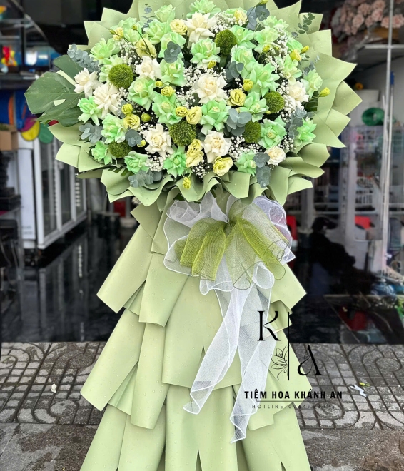 Kệ hoa khai trương màu xanh cây pastel cao cấp 