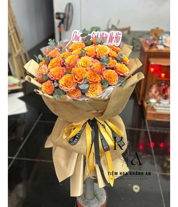 Mẫu bó hoa tươi chúc mừng khai trương tone cam giao hoa biên hòa