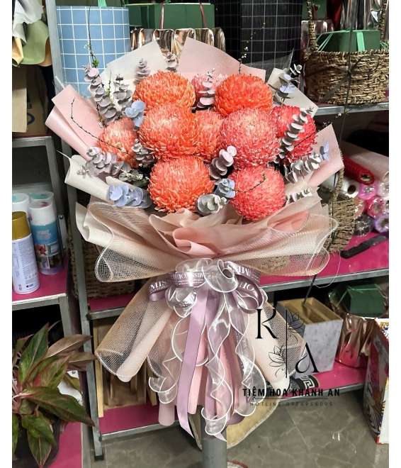 Bó Hoa Cúc Mẫu Đơn Cam May Mắn