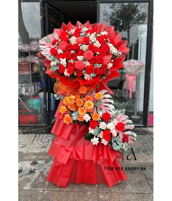 Kệ hoa khai trương tone đỏ sang -Tiệm hoa tươi biên hòa