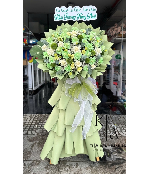 Kệ hoa khai trương màu xanh cây pastel cao cấp 