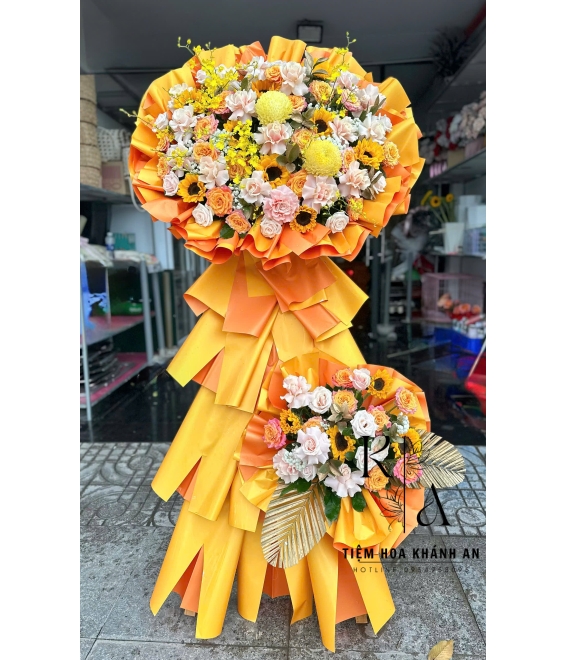 Kệ hoa khai trương màu cam 2 tầng